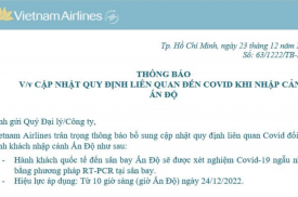 Vietnam Airlines bổ sung quy định nhập cảnh Ấn Độ - Áp dụng từ ngày 24/12/2022