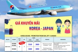 Bảng giá Korean Air khuyến mãi tuyến Hàn Quốc và Nhật Bản từ ngày 11/01/2020