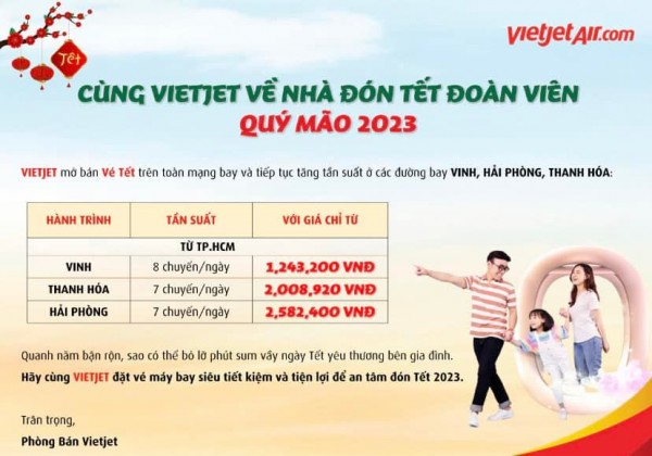 Vietjet: Hàng nghìn ưu đãi vé bay siêu tiết kiệm ở đường bay Vinh/ Hải Phòng/ Thanh Hóa