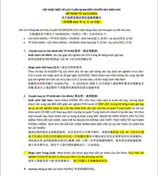 China Eastern Airlines: cập nhật một số lưu ý liên quan đến chuyến bay KMG-SGN - áp dụng từ 14/11/2022
