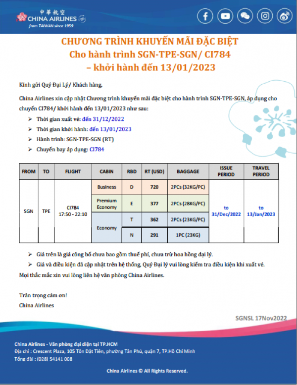 China Airline: Khuyến mãi đặc biệt cho hành trình SGN-TPE-SGN/ CI784 - khởi hành đến 13/01/2023
