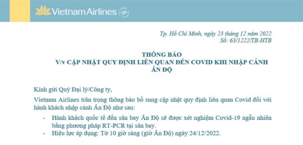 Vietnam Airlines bổ sung quy định nhập cảnh Ấn Độ - Áp dụng từ ngày 24/12/2022