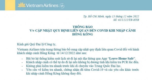 Vietnam Airlines: Cập nhật quy định nhập cảnh Hồng Kông từ ngày 14/12