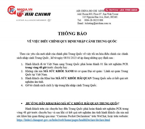 Air China cập nhật hướng dẫn nhập cảnh Trung Quốc từ ngày 8/1/2023