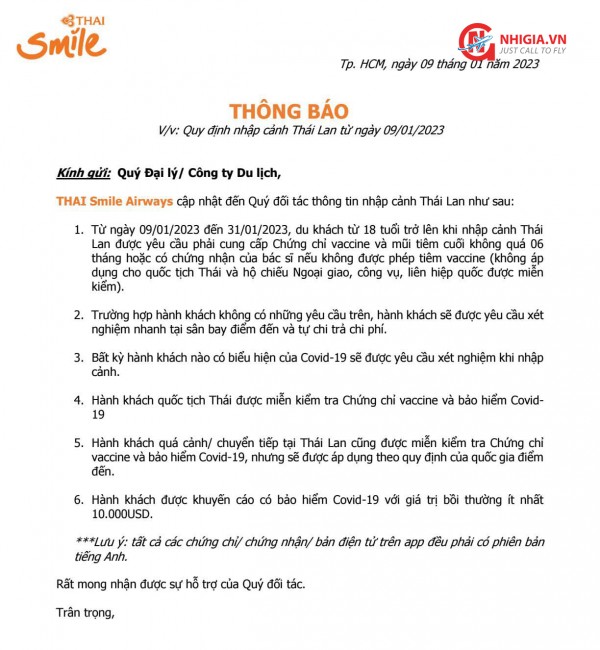 Thai Smile Air: cập nhật quy định nhập cảnh Thái Lan - Áp dụng từ ngày 09/01/2023