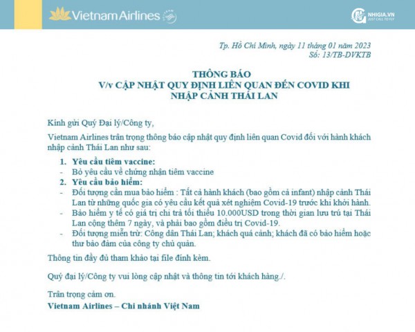 Vietnam Airline cập nhật: Thái Lan bỏ yêu cầu về chứng nhận tiêm vaccine