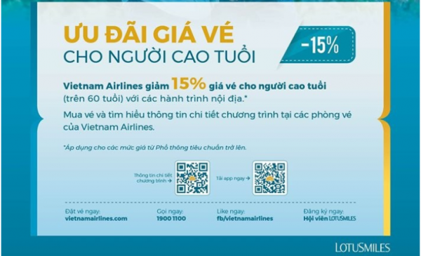Vietnam Airlines ưu đãi giảm 15% giá vé cho người cao tuổi