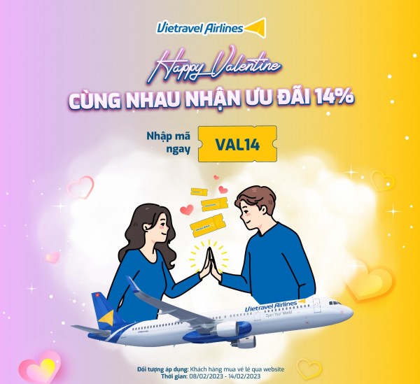 NHẬN ƯU ĐÃI 14% HAPPY VALENTINE CÙNG VIETRAVEL AIRLINES