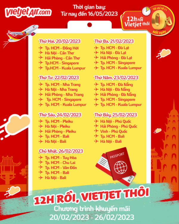 12H RỒI VIETJET THÔI - VÉ BAY 0 ĐỒNG KHUNG GIỜ VÀNG 12H-14H MỖI NGÀY