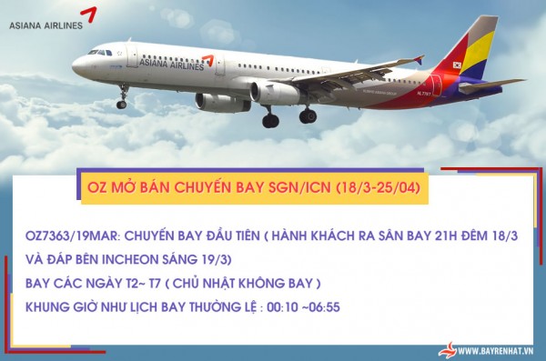 ASIANA AIRLINES: OZ mở bán chuyến bay SGN/ICN (18/3-25/04)