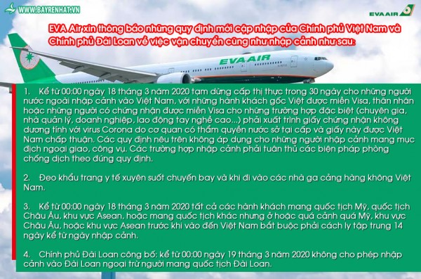 EVA Air thông báo những quy định mới cập nhập của Chính phủ Việt Nam và Chính phủ Đài Loan