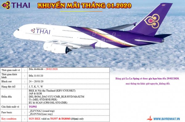 Thai Airways Triển khai khuyến mãi tháng 01.2020