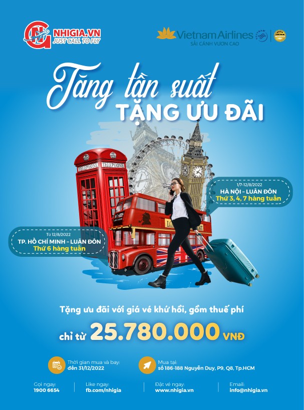 Vietnam Airlines: Tăng tần suất + tặng ưu đãi chuyến bay Việt Nam và Anh